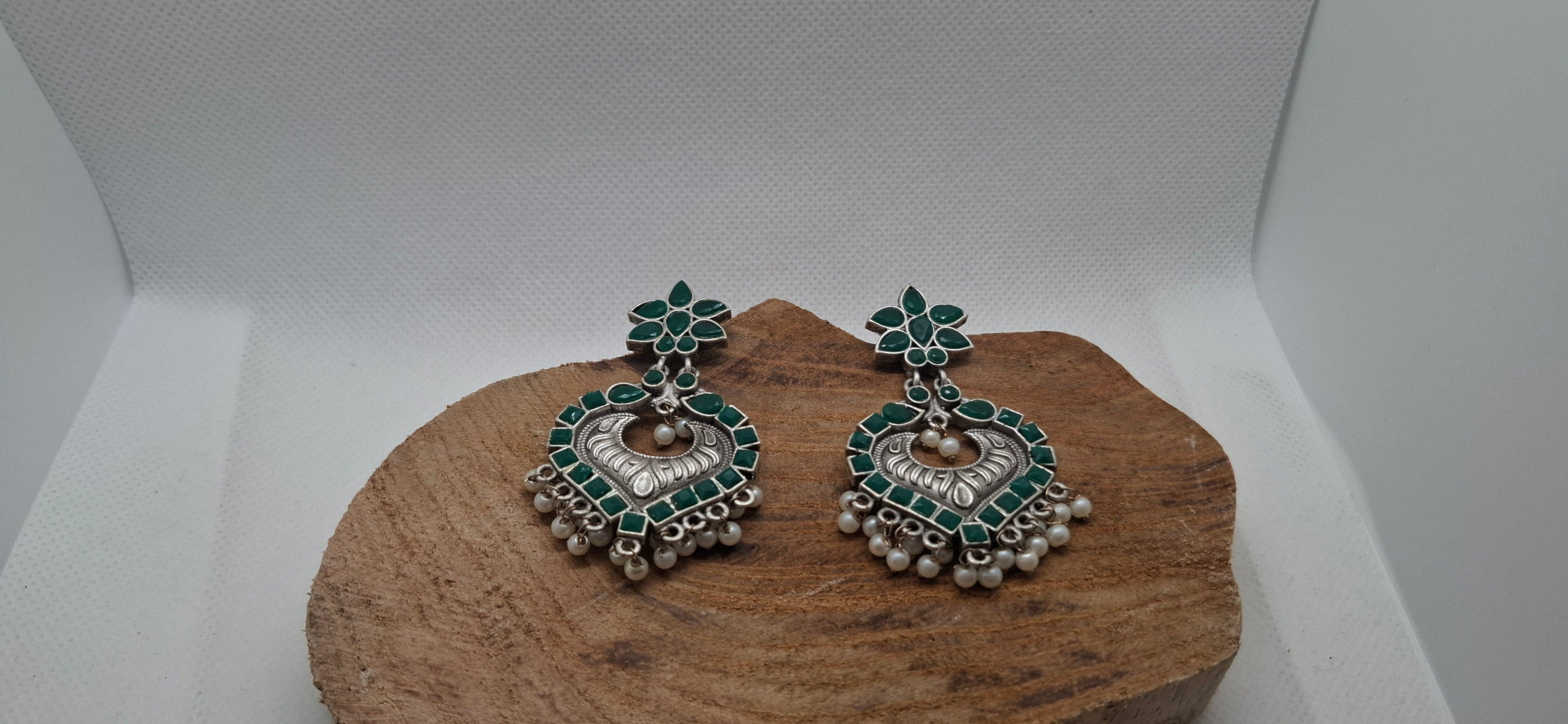 Forest Green and Silver Statement Earrings