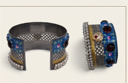 Vibrant Blue Meenakari & Pearl Oxidized Statement Cuff