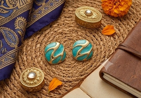 Vintage-Inspired Turquoise & Gold Swirl Stud Earrings