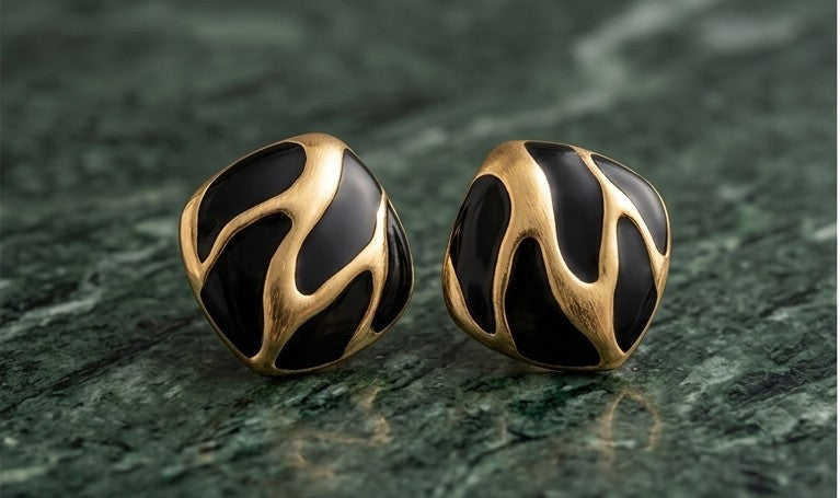 Abstract Wavy Black Enamel & Gold Studs