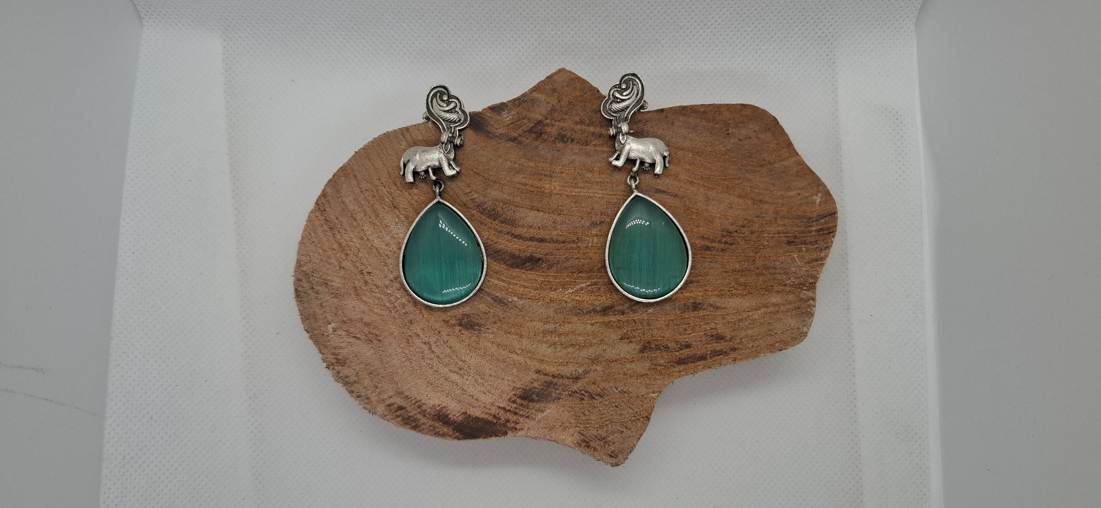 Oxidized Silver Animal Motif Teardrop Teal Stone Drop Earrings