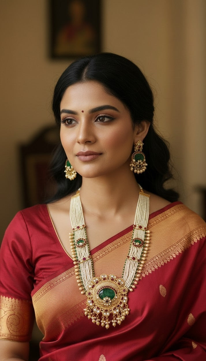 Multi-Layered Seed Pearl Statement Necklace Set with Kundan Detailing