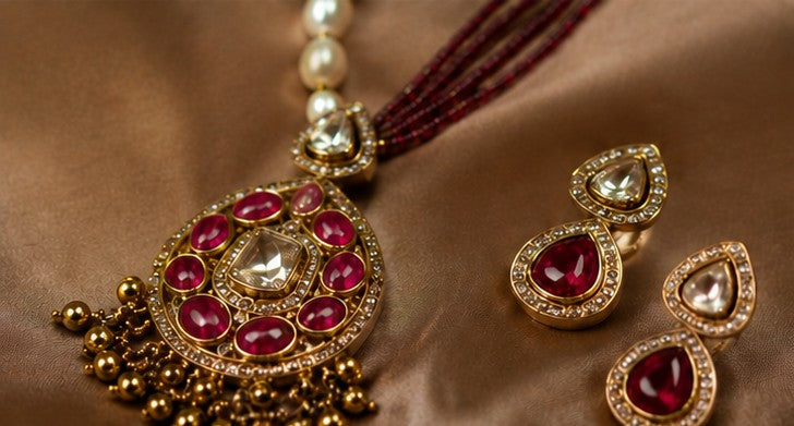 Dual-Chain Maroon & Pearl Kundan Necklace Set