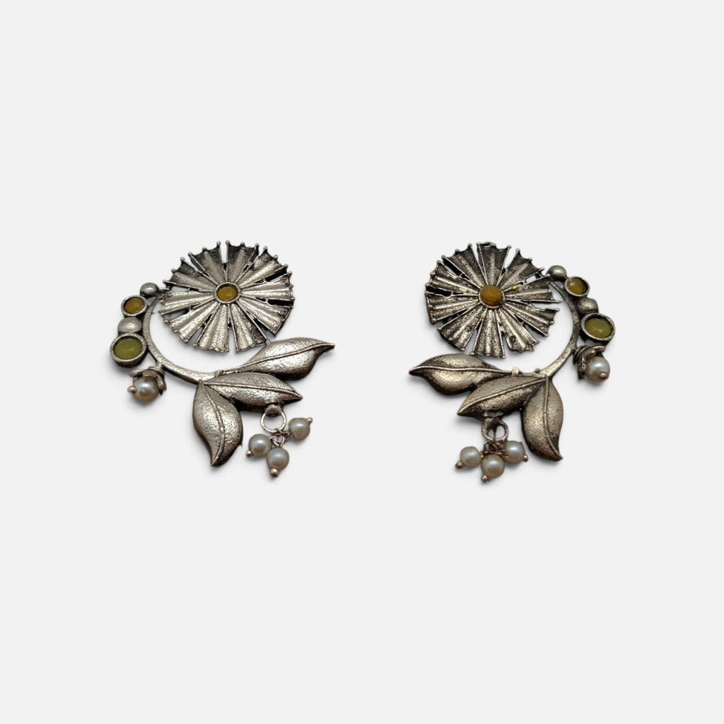 Vintage Oxidized Floral Bloom Earrings with Pearl Drop Accents