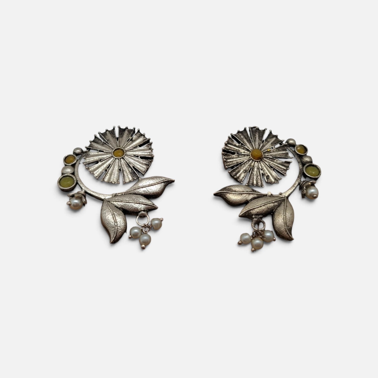 Vintage Oxidized Floral Bloom Earrings with Pearl Drop Accents