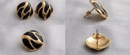 Abstract Wavy Black Enamel & Gold Studs