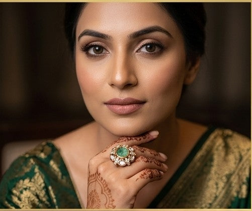 Emerald Green Stone and Kundan Statement Ring