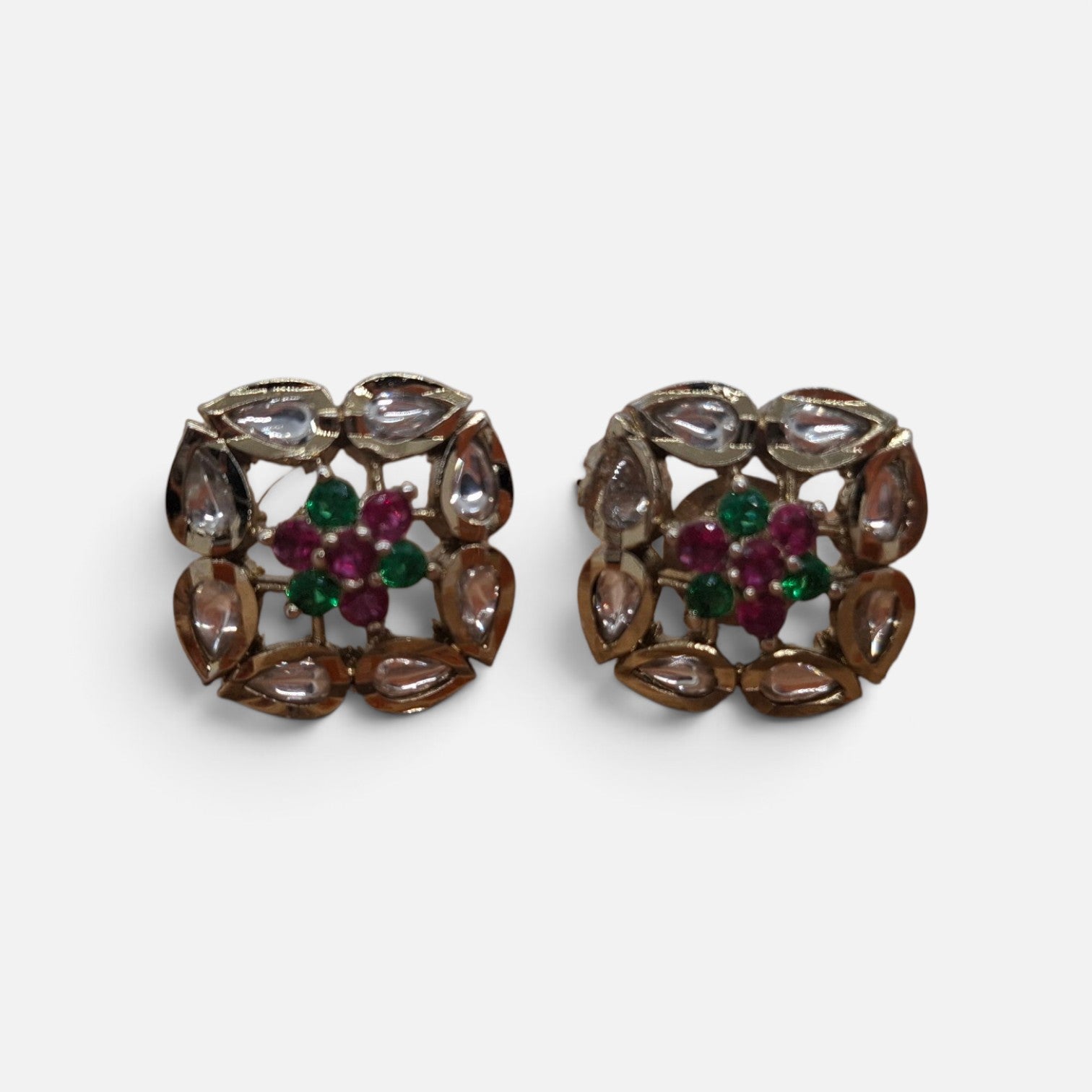 Handcrafted Kundan Polki Square Stud Earrings with Emerald and Ruby Stones